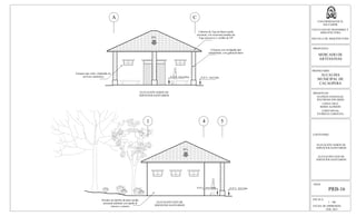 ESCALA:
1 : 100
FECHA DE IMPRESION:
FEB. 2013
HOJA:
PRB-16
UNIVERSIDAD DE EL
SALVADOR
FACULTAD DE INGENIERIA Y
ARQUITECTURA
ESCUELA DE ARQUITECTURA
PROPUESTA:
MERCADO DE
ARTESANIAS
PROPIETARIO:
ALCALDIA
MUNICIPAL DE
CACAOPERA
PRESENTAN:
GUZMÁN GONZALEZ,
WILFREDO EDUARDO
LOPEZ CRUZ,
BORIS ALFREDO
LOPEZ RIVAS,
PATRICIA CAROLINA
CONTENIDO:
ELEVACIÓN NORTE DE
SERVICIOS SANITARIOS
ELEVACIÓN ESTE DE
SERVICIOS SANITARIOS
A C
1 4 5
ELEVACIÓN NORTE DE
SERVICIOS SANITARIOS
ELEVACIÓN ESTE DE
SERVICIOS SANITARIOS
N.P.T.: 0.0-5.0mN.P.T.: 0.0-4.95m
N.P.T.: 0.0-5.0mN.P.T.: 0.0-4.95m
45%
45%
Paredes de ladrillo de barro cocido
artesanal adobado con repello al
interior y exterior
Cubierta de Teja de Barro cocido
artesanal, con estructura metálica de
Viga maconver y varillas de 3/8"
Columna con enchapado tipo
enladrillado, con galleta de barro
Ventana tipo sifón. (Aplicable en
servicios sanitarios)
 