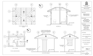 ESCALA:
1 : 50
FECHA DE IMPRESION:
FEB. 2013
HOJA:
PRB-17
UNIVERSIDAD DE EL
SALVADOR
FACULTAD DE INGENIERIA Y
ARQUITECTURA
ESCUELA DE ARQUITECTURA
PROPUESTA:
MERCADO DE
ARTESANIAS
PROPIETARIO:
ALCALDIA
MUNICIPAL DE
CACAOPERA
PRESENTAN:
GUZMÁN GONZALEZ,
WILFREDO EDUARDO
LOPEZ CRUZ,
BORIS ALFREDO
LOPEZ RIVAS,
PATRICIA CAROLINA
CONTENIDO:
PLANTA ESTRUCTURAL DE
TECHOS
PLANTA ARQUITECTONICA
A
1
B C
2
3,7m
6m
3,3m 2,7m
A
1
C
2
N.P.T.: 0.0+3.80m
N.P.T.: 0.0-3.98m
45%
45%
45%
45%
V1
V1
V1
V1
V1 V1 V1 V1
P1 P1 P1 P1
P1
P1
P1
45% 45%
N.P.T.: 0.0+3.80mN.P.T.: 0.0+3.80m
A C 1 2
A B C
S.S.
N.P.T.: 0.0+3.80m
N.P.T.: 0.0-3.98m
Cabina
de
Seguridad
ELEVACIÓN SUROESTE
ELEVACIÓN NOROESTEA
SECCIÓN A-A
PLANTA ESTRUCTURAL DE
TECHOS
PLANTA ARQUITECTONICA
ELEVACIÓN SUROESTE ELEVACIÓN NOROESTE
SECCIÓN A-A
Paredes de ladrillo de barro cocido
artesanal adobado con repello al
interior y exterior
Cubierta de Teja de Barro cocido
artesanal, con estructura metálica de
Viga maconver y varillas de 3/8"
Ventana tipo sifón. (Aplicable en
servicios sanitarios)Ventana abatible
de 2 hojas
Ventana abatible
de 2 hojas
CASETA DE VIGILANCIA
 