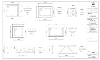 ESCALA:
La Indicada
FECHA DE IMPRESION:
FEB. 2013
HOJA:
PRB-33
UNIVERSIDAD DE EL
SALVADOR
FACULTAD DE INGENIERIA Y
ARQUITECTURA
ESCUELA DE ARQUITECTURA
PROPUESTA:
MERCADO DE
ARTESANIAS
PROPIETARIO:
ALCALDIA
MUNICIPAL DE
CACAOPERA
PRESENTAN:
GUZMÁN GONZALEZ,
WILFREDO EDUARDO
LOPEZ CRUZ,
BORIS ALFREDO
LOPEZ RIVAS,
PATRICIA CAROLINA
CONTENIDO:
DETALLES ESTRUCTURALES
0,2m
0,2m
0,45m
0,45m
0,2m
0,25m
0,08m
0,15m
COLUMNAS CENTRALES
Estribo Ø 3/8" a 15 cm
6 Ø de 1/2"
0,4m
0,4m
0,15m
0,2m
0,1m
0,15m
0,15m
TENSOR T-1
Estribo Ø 1/4" a 13 cm
6 Ø de 3/8"
Escala 1: 10
Escala 1: 5
0,55m
0,35m
0,5m
0,3m
NERVIO
Estribo Ø 1/4" a 15 cm
2 Ø de 3/8"
Escala 1: 5
SOLERA INTERMEDIA
Y CORONAMIENTO
Estribo Ø 1/4" a 15 cm
4 Ø de 3/8"
Escala 1: 5
SOLERA DE FUNDACIÓN
Estribo Ø 3/8" a 15 cm
6 Ø de 1/2"
Escala 1: 10
0,3m
0,51m
0,13m
0,12m
0,03m
VIGA N° 2
Escala 1: 10
Ángulo de 1 1/2" con
refuerzo triangular Ø 3/8",
de 30 cm de altura
VIGA N° 1
Escala 1: 5
Ángulo de 1 1/2" con
refuerzo triangular Ø 3/8",
de 13 cm de altura
C1
SF1
 