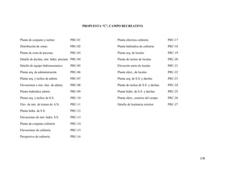 178
PROPUESTA “C”, CAMPO RECREATIVO
Planta de conjunto y techos PRC-01
Distribución de zonas PRC-02
Planta de zona de piscinas PRC-03
Detalle de duchas, inst. hidra. piscinas PRC-04
Detalle de equipo hidroneumatico PRC-05
Planta arq. de administración PRC-06
Planta arq. y techos de admin. PRC-07
Elevaciones e inst. elec. de admin. PRC-08
Planta hidráulica admin. PRC-09
Planta arq. y techos de S.S. PRC-10
Elev. de inst. de tratam de A.N. PRC-11
Planta hidra. de S.S. PRC-12
Elevaciones de inst. hidra. S.S. PRC-13
Planta de conjunto cafetería PRC-14
Elevaciones de cafetería PRC-15
Planta eléctrica cafetería PRC-17
Planta hidráulica de cafetería PRC-18
Planta arq. de locales PRC-19
Planta de techos de locales PRC-20
Elevación norte de locales PRC-21
Planta eléct., de locales PRC-22
Planta arq. de S.S. y duchas PRC-23
Planta de techos de S.S. y duchas PRC-24
Planta hidra. de S.S. y duchas PRC-25
Planta eléct., exterior del campo PRC-26
Detalle de luminaria exterior PRC-27
Perspectiva de cafetería PRC-16
 