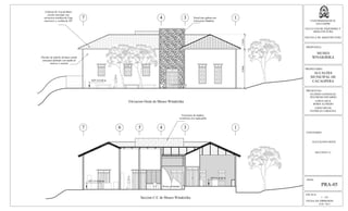 ESCALA:
1 : 125
FECHA DE IMPRESION:
FEB. 2013
HOJA:
PRA-05
UNIVERSIDAD DE EL
SALVADOR
FACULTAD DE INGENIERIA Y
ARQUITECTURA
ESCUELA DE ARQUITECTURA
PROPUESTA:
MUSEO
WINAKIRIKA
PROPIETARIO:
ALCALDIA
MUNICIPAL DE
CACAOPERA
PRESENTAN:
GUZMÁN GONZALEZ,
WILFREDO EDUARDO
LOPEZ CRUZ,
BORIS ALFREDO
LOPEZ RIVAS,
PATRICIA CAROLINA
CONTENIDO:
SECCION C-C
ELEVACION OESTE
Elevacion Oeste de Museo Winakirika
Seccion C-C de Museo Winakirika
7 6 5 4 3 1
7 4 3 1
NPT 0-0.80 m
Rocas existentes
NPT 0+0.00 m
NPT 0+0.60 m
4,96m1,92m
Estructura de madera,
recubierta con regla pacha
Cubierta de Teja de Barro
cocido artesanal, con
estructura metálica de Viga
maconver y varillas de 3/8"
Pared tipo gabion con
Estructura Metálica
Paredes de ladrillo de barro cocido
artesanal adobado con repello al
interior y exterior
 