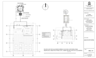 CAJA
DESPACHO
COCINA Y PREPARACION
ALACENA
ÁREA DE MESAS
ÁREA DE MESAS
4
5
6
7
A B
PLANTA DE INSTALACIONES HIDRAULICAS DE CAFETERIA PARA
PROPUESTA ARQUITECTONICA DE CAMPO RECREATIVO EN CACAOPERA
e sc.1:125
4.58 4.58
C
4.00
4.00
4.00
RECEPCIÓN DE ALIMENTOS
4
5
6
7
12.00
Caja para Estanque
Tubo de Ø 2" hacia Cajas de
tratamiento de Aguas Grises2.90
0.80
1.20
2.20
Plantas Acuáticas (papiro,
carrizo, tifa, lirio acuático)
Plantas Acuáticas (papiro,
carrizo, tifa, lirio acuático)
Trampa de Grasas
Caja de Tratamientos
Codo de 90°
Tee
Sifon
Codo de 45°
Grifo
Tuberia de abastecimiento de
agua potable Ø 1
2" 315 psi
Tuberia de aguas negras 160 psi
Simbologia para Instalaciones Hidraulicas
S.S.
HOMBRES
S.S.
S.S.
DAMAS
GD E F H
1
2
3
1
2
3
2.70
1.45
4.15
6.62
DISCAPACITADOS
..
..
..
..
..
..
..
..
3.30
2.10
0.661.80
ESCALA:
LA INDICADA
FECHA DE IMPRESION:
FEB. 2013
HOJA:
PRC-19
UNIVERSIDAD DE EL
SALVADOR
FACULTAD DE INGENIERIA Y
ARQUITECTURA
ESCUELA DE ARQUITECTURA
PROPUESTA:
CAMPO
RECREATIVO
PROPIETARIO:
ALCALDIA
MUNICIPAL DE
CACAOPERA
PRESENTAN:
GUZMÁN GONZALEZ,
WILFREDO EDUARDO
LOPEZ CRUZ,
BORIS ALFREDO
LOPEZ RIVAS,
PATRICIA CAROLINA
CONTENIDO:
PLANTA DE INSTALACIONES
HIDRAULICAS DE CAFETERIA
 