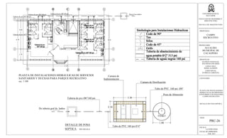 4.60
6.50
A E
1
1.70
2
3
A E
1
2
3
PLANTA DE INSTALACIONES HIDRAULICAS DE SERVICIOS
SANITARIOS Y DUCHAS PARA PARQUE RECREATIVO
esc. 1:100
12.20
6.56
Tuberia de pvc Ø2"160 psi
Tuberia de pvc Ø4"160 psi
Tuberia de pvc Ø4"160 psi Tuberia de pvc Ø6"160 psi Hacia fosa septica
. .
..
. .
..
. .
..
. .
..
Pozo de Absorción
Tubo de PVC 160 psi Ø4"
Camara de
Sedimentación
Camara de Dosificación
3.30
2.10
0.66
1.80
Tubo de PVC 160 psi Ø 4"
Tuberia de pvc Ø6"160 psi
De tuberia gral de baños
ESCALA:
LA INDICADAS
FECHA DE IMPRESION:
FEB. 2013
HOJA:
PRC-26
UNIVERSIDAD DE EL
SALVADOR
FACULTAD DE INGENIERIA Y
ARQUITECTURA
ESCUELA DE ARQUITECTURA
PROPUESTA:
CAMPO
RECREATIVO
PROPIETARIO:
ALCALDIA
MUNICIPAL DE
CACAOPERA
PRESENTAN:
GUZMÁN GONZALEZ,
WILFREDO EDUARDO
LOPEZ CRUZ,
BORIS ALFREDO
LOPEZ RIVAS,
PATRICIA CAROLINA
CONTENIDO:
PLANTA DE INSTALACIONES
HIDRAULICAS DE SERVICIOS
SANITARIOS Y DUCHAS PARA
CAMPO RECREATIVO
DETALLE DE FOSA
SEPTICA SIN ESCALA
DETALLE DE FOSA SEPTICA
 