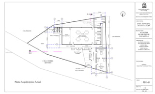 ESCALA:
1 : 200
FECHA DE IMPRESION:
FEB. 2013
HOJA:
PRD-01
UNIVERSIDAD DE EL
SALVADOR
FACULTAD DE INGENIERIA Y
ARQUITECTURA
ESCUELA DE ARQUITECTURA
PROPUESTA:
CASA MUNICIPAL
DE LA CULTURA
PROPIETARIO:
ALCALDIA
MUNICIPAL DE
CACAOPERA
PRESENTAN:
GUZMÁN GONZALEZ,
WILFREDO EDUARDO
LOPEZ CRUZ,
BORIS ALFREDO
LOPEZ RIVAS,
PATRICIA CAROLINA
CONTENIDO:
PLANTA
ARQUITECTONICA ACTUAL
N.P.T.:0.0-0.03 m
Servicios Sanitarios
N.P.T.:0.0-0.20 m
1
2
2.21m5.65m1.60m
A B
3.30m
COLINDANTE
COLINDANTE
Jardín
ACCESO
N.P.T.:0.0-2.20 m
Tarima
N.P.T.:0.0+0.60 m
Area de
usos multiples
N.P.T.:0.0+0.0 m
Biblioteca
Bodega
N.P.T.:0.0+0.37 m
Admin.
A-A
3
N.P.T.:0.0-0.20 m
Árbol de Mango
Existente
3,97m
B-B
D
N.P.T.:0.0-0.80m
C
E
6
Mini Museo
Sala 2
Mini Museo
Sala 1
5.22m
5.10
2,35m
2.34m
4
5
6.50m4.57m
4.96m
4.57m4.57m
4.60m
CALLE DOBLE
SENTIDO
Planta Arquitectonica Actual
 