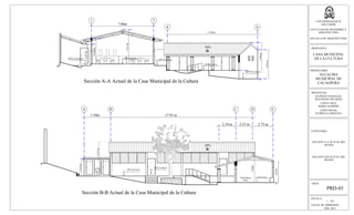 ESCALA:
1 : 125
FECHA DE IMPRESION:
FEB. 2013
HOJA:
PRD-03
UNIVERSIDAD DE EL
SALVADOR
FACULTAD DE INGENIERIA Y
ARQUITECTURA
ESCUELA DE ARQUITECTURA
PROPUESTA:
CASA MUNICIPAL
DE LA CULTURA
PROPIETARIO:
ALCALDIA
MUNICIPAL DE
CACAOPERA
PRESENTAN:
GUZMÁN GONZALEZ,
WILFREDO EDUARDO
LOPEZ CRUZ,
BORIS ALFREDO
LOPEZ RIVAS,
PATRICIA CAROLINA
CONTENIDO:
SECCION A-A ACTUAL DEL
MUSEO
Sección A-A Actual de la Casa Municipal de la Cultura
Sección B-B Actual de la Casa Municipal de la Cultura
1
3.24m
2.67m
NPT 0-0.20 m
3
NPT 0-0.00 m
7.86m
4.31m
4
NPT 0-0.20 m
NPT 0-0.80 m
NPT 0-2.20 m
30%
6
3.65m
3.48m
11.07m
SECCION B-B ACTUAL DEL
MUSEO
A B
3.30m
4.31m
2.16m
NPT 0-0.20 m
NPT 0-0.00 m
3,48m
2,67m
Mini Museo
Sala 1
NPT 0-0.80 m
D
10%
C
17.93 m
E
2.34 m 2.23 m 2.73 m
 