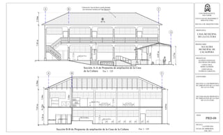 ESCALA:
LA INDICADA
FECHA DE IMPRESION:
FEB. 2013
HOJA:
PRD-08
UNIVERSIDAD DE EL
SALVADOR
FACULTAD DE INGENIERIA Y
ARQUITECTURA
ESCUELA DE ARQUITECTURA
PROPUESTA:
CASA MUNICIPAL
DE LA CULTURA
PROPIETARIO:
ALCALDIA
MUNICIPAL DE
CACAOPERA
PRESENTAN:
GUZMÁN GONZALEZ,
WILFREDO EDUARDO
LOPEZ CRUZ,
BORIS ALFREDO
LOPEZ RIVAS,
PATRICIA CAROLINA
CONTENIDO:
SECCION A-A DE PROPUESTA
DE AMPLIACION DE LA CASA
DE LA CULTURA
45 %
Sección A-A de Propuesta de ampliación de la Casa
de la Cultura
Sección B-B de Propuesta de ampliación de la Casa de la Cultura
Esc 1 : 125
Esc 1 : 125
SECCION B-B DE PROPUESTA
DE AMPLIACION DE LA CASA
DE LA CULTURA
3.28m3,8m0,15m
NPT 0+3.40 m
6,85m
NPT 0+0.00 m
NPT 0+0.60 m
3,8m
NPT 0-0.03 m
Cubierta de Teja de Barro cocido artesanal,
con estructura metálica de Viga Maconver
NPT 0-0.20 m
NPT 0+0.80 m
7.05m2.50m
A B F
3,45m
4.05m
3,57m
3,58m
7.05m2.50m
A B F
G
 