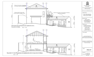 ESCALA:
LA INDICADA
FECHA DE IMPRESION:
FEB. 2013
HOJA:
PRD-09
UNIVERSIDAD DE EL
SALVADOR
FACULTAD DE INGENIERIA Y
ARQUITECTURA
ESCUELA DE ARQUITECTURA
PROPUESTA:
CASA MUNICIPAL
DE LA CULTURA
PROPIETARIO:
ALCALDIA
MUNICIPAL DE
CACAOPERA
PRESENTAN:
GUZMÁN GONZALEZ,
WILFREDO EDUARDO
LOPEZ CRUZ,
BORIS ALFREDO
LOPEZ RIVAS,
PATRICIA CAROLINA
CONTENIDO:
SECCION C-C DE PROPUESTA
DE AMPLIACION DE LA CASA
DE LA CULTURA
Elevación Este de Propuesta de ampliación de la
Casa de la Cultura Esc 1 : 125
Sección C-C de Propuesta de ampliación de la Casa de la Cultura
Esc 1 : 125
ELEVACION ESTE DE
PROPUESTA DE AMPLIACION
DE LA CASA DE LA CULTURA
Paredes de ladrillo de barro cocido
artesanal adobado con repello al exterior
Cubierta de Teja de Barro cocido artesanal,
con estructura metálica de Viga Maconver
45 %
45 %
Cubierta de Teja de Barro cocido artesanal, con estructura
metálica de Viga Maconver
1.54m3.69m
7.05m2.5m
1.54m3.69m
NPT 0+0.0 m
NPT 0+3.40 m
7.41m
3.24m
3.39m
3.82m
NPT 0+0.80 m
NPT 0-0.20 m
45 %
1 4 5
1 4 5
 
