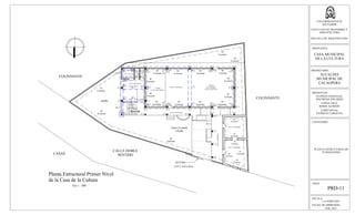 ESCALA:
LA INDICADA
FECHA DE IMPRESION:
FEB. 2013
HOJA:
PRD-11
UNIVERSIDAD DE EL
SALVADOR
FACULTAD DE INGENIERIA Y
ARQUITECTURA
ESCUELA DE ARQUITECTURA
PROPUESTA:
CASA MUNICIPAL
DE LA CULTURA
PROPIETARIO:
ALCALDIA
MUNICIPAL DE
CACAOPERA
PRESENTAN:
GUZMÁN GONZALEZ,
WILFREDO EDUARDO
LOPEZ CRUZ,
BORIS ALFREDO
LOPEZ RIVAS,
PATRICIA CAROLINA
CONTENIDO:
PLANTA ESTRUCTURAL DE
FUNDACIONES
Z-1SF
Existente
SF
Existente
SF
Existente
SF
Existente
SF
Existente
SF
Existente
SF
Existente
SF
Existente
SF
Existente
SF
Existente
SF
Existente
SF
Existente
SF
Existente
T-1
SF-1
Z-1 Z-1
Z-1
Z-1Z-1Z-1Z-1Z-1
Z-1
Z-1 Z-1
C-1
C-2 C-2 C-2
C-2 C-2
C-2
C-2
C-2
C-2
C-2
C-1
C-1
C-1 C-1 C-1 C-1 C-1
C-1
C-1
C-1C-1C-1
SF
Existente
SF
Existente
SF
Existente
SF
Existente
SF
Existente
SF
Existente
SF
Existente
SF
Existente
SF
Existente
SF
Existente
SF
Existente
SF-1
SF-1
C-1
C-1
C-1
Z-1
Z-1
Z-1
SF-1
SF-1
SF-1
Planta Estructural Primer Nivel
de la Casa de la Cultura
CALLE DOBLE
SENTIDOCASAS
COLINDANTE
COLINDANTE
Jardín
Area de
usos multiples
N.P.T.:0.0+0.0 m
Tarima
N.P.T.:0.0+0.60 m
N.P.T.: 0.0-0.80m
N.P.T.:0.0-0.80m
N.P.T.: 0.0-0.80m
N.P.T.:0.0+0.0 m
N.P.T.:0.0-0.03 m
N.P.T.:0.0-0.03 m
N.P.T.:0.0-0.20 m
ACCESO
N.P.T.:0.0-2.20 m
Árbol Existente
a Podar
Esc 1 : 200
 