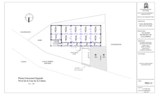 ESCALA:
LA INDICADA
FECHA DE IMPRESION:
FEB. 2013
HOJA:
PRD-12
UNIVERSIDAD DE EL
SALVADOR
FACULTAD DE INGENIERIA Y
ARQUITECTURA
ESCUELA DE ARQUITECTURA
PROPUESTA:
CASA MUNICIPAL
DE LA CULTURA
PROPIETARIO:
ALCALDIA
MUNICIPAL DE
CACAOPERA
PRESENTAN:
GUZMÁN GONZALEZ,
WILFREDO EDUARDO
LOPEZ CRUZ,
BORIS ALFREDO
LOPEZ RIVAS,
PATRICIA CAROLINA
CONTENIDO:
PLANTA ESTRUCTURAL
SEGUNDO NIVEL
VT1-15
VT1-15
V-1 V-1
V-1
V-1
V-1
V-1
V-1
V-1
V-1
V-1
V-1
V-1
V-1 V-1 V-1
V-1V-1V-1
V-1 V-1 V-1 V-1
V-1V-1
V-1V-1
V-1
V-1
V-1
V-1
V-1 V-1 V-1
V-1 V-1
Planta Estructural Segundo
Nivel de la Casa de la Cultura
V-1
CALLE DOBLE
SENTIDO
CASAS
COLINDANTE
COLINDANTE
Jardín
Árbol Existente
a Podar
ACCESO
N.P.T.:0.0-2.20 m
Esc 1 : 200
30% 30%
Cumbrera
VT1-15
VT1-15
VT1-15VT1-15
VT1-15
VT1-15
VT1-15
VT1-15
 