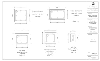 ESCALA:
LA INDICADA
FECHA DE IMPRESION:
FEB. 2013
HOJA:
PRD-14
UNIVERSIDAD DE EL
SALVADOR
FACULTAD DE INGENIERIA Y
ARQUITECTURA
ESCUELA DE ARQUITECTURA
PROPUESTA:
CASA MUNICIPAL
DE LA CULTURA
PROPIETARIO:
ALCALDIA
MUNICIPAL DE
CACAOPERA
PRESENTAN:
GUZMÁN GONZALEZ,
WILFREDO EDUARDO
LOPEZ CRUZ,
BORIS ALFREDO
LOPEZ RIVAS,
PATRICIA CAROLINA
CONTENIDO:
DETALLES
ESTRUCTURALES
0.45m
COLUMNAS CENTRALES
Estribo Ø 3/8" a 15 cm
6 Ø de 1/2"
0.45m
0.40m
0.40m
SOLERA DE FUNDACIÓN
Estribo Ø 3/8" a 15 cm
6 Ø de 1/2"
Escala 1: 10
0.55m
0.35m
0.55m
0.50m
0.30m
SOLERA INTERMEDIA Y
CORONAMIENTO
Estribo Ø 1/4" a 15 cm
4 Ø de 3/8"
Escala 1: 05
0.20m
0.20m
0.15m
0.15m
0.20m
0.25m
0.20m
0.15m
COLUMNAS
Estribo Ø 1/4" a 13 cm
6 Ø de 3/8"
Escala 1: 05
ALACRAN
Estribo Ø 1/4" a 15 cm
2 Ø de 3/8"
Escala 1: 05
0.08m
0.15m
0.10m
 