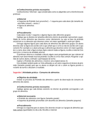 12
Conhecimentos prévios necessários
Conhecimentos “informais”, aqui considerados como os adquiridos sem a interferência do
professor.
Material
Esquemas da Pirâmide (sem preencher) – 1 esquema para cada aluno (do tamanho de
uma folha comum) – anexo 2
Figuras de alimentos
Cola
Procedimento
Cada aluno recebe 1 esquema e algumas figuras (dos diferentes grupos)
Explique que as divisões de tamanhos diferentes dentro da pirâmide representam a quantidade de certos alimentos que devemos comer diariamente, ou seja, na base da pirâmide
encontram-se os alimentos que devemos comer em maior quantidade e assim por diante.
Entregue algumas figuras para cada aluno, de alimentos dos diferentes grupos. Os alunos
deverão colar as figuras de acordo com o que acham que é certo (e não de acordo com o que
comem). Por exemplo: se o aluno acha que o alimento que devemos comer em maior quantidade é a carne, deve colar a figura na base. Após colarem todas as figuras, recolha o material. Este
exercício é o inverso da atividade anterior.
O professor observa o resultado e discute alguns casos perguntando por que colaram tal
alimento num determinado local da pirâmide. Escolha os erros mais comuns. Perguntar a opinião de outros alunos, estimular a participação da turma.
Explicar a Pirâmide dos alimentos e mostrar uma original (anexo 3).
Esta atividade também pode ser feita utilizando-se um único esquema em branco da pirâmide (tamanho grande) para que os alunos se dirijam até ele e colem as figuras perante o
restante da turma e discutam o resultado.
Sugestão 3 Atividade prática - Consumo de alimentos
Objetivo da atividade
Ensinar os preceitos da Pirâmide dos alimentos a partir da observação do consumo de
alimentos dos alunos.
Conhecimentos prévios necessários
Explique apenas que cada divisão existente no interior da pirâmide corresponde a um
grupo de alimentos.
Material necessário
Pirâmide dos alimentos com figuras (tamanho grande)
Esquemas da pirâmide preenchido com desenhos de alimentos (tamanho pequeno)
Procedimento
Entregue os esquemas para os alunos. Eles deverão circular os 4 grupos de alimentos que
mais comem (quantidade) no dia-a-dia. Recolha o material.

 