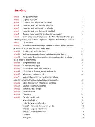 2

Sumário
tema 1
Por que comemos?
tema 2
O que é Nutrição?
tema 3
Como ter uma alimentação saudável?
tema 4
Importância de cada uma das refeições
tema 5
Importância da alimentação na infância
tema 6
Importância de uma alimentação saudável
tema 7
Dicas de como aproveitar os alimentos ao máximo
tema 8
A alimentação saudável: pirâmide dos Alimentos,os nutrientes que
estão na pirâmide, suas fontes e funções; os 10 passos da alimentação saudável
tema 9
Os nutrientes
tema 10 A alimentação saudável exige cuidados especiais; escolha e compra
de alimentos; rótulos de alimentos; agrotóxicos.
tema 11 Como conservar os alimentos
tema 12 A alimentação saudável exige cuidados especiais: higiene
tema 13 Preservação do meio ambiente e alimentação desde a produção
até o descarte de alimentos
tema 14 A importância da água
tema 15
A fome em nosso país
tema 16 Influência dos meios de comunicação
tema 17 Influências na alimentação dos adolescentes
tema 18 Alimentação e atividade física
tema19
Suplementos nutricionais; bebidas energéticas;
repositores hidroeletrolíticos ou isotônicos; anabolizantes.
tema 20 Tabus alimentares X informações científicas
tema 21 Calorias e valores nutricionais
tema 22 Alimentos “diet” e “light”
tema 23 Dietas da moda
tema 24 Obesidade
tema 25 Carreira: nutricionista
Atividades Práticas
Índice das Atividades Preaticas
Anexo 1- Consumo alimentar de um dia
Anexo 2 - Esqueleto da Pirâmide
Anexo 3 - Pirâmide Alimentar
Glossário
Bibliografia

3
3
4
6
7
8
10
11
18
20
26
28
32
34
35
37
38
40
42
43
44
46
47
49
54
55
56
113
114
115
116
124

 