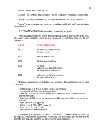 25
O rótulo padrão apresenta 3 colunas:
Coluna 1 - apresentação dos nomes dos 10 itens obrigatórios nos rótulos de alimentos;
Coluna 2 – quantidade do valor calórico e dos nutrientes na porção do alimento;
Coluna 3 – percentual dos valores (ou recomendações) diários fornecidos em uma porção do alimento.
A RECOMENDAÇÃO DIÁRIA para alguns nutrientes é a seguinte:
-As necessidades energéticas variam de pessoa para pessoa, de acordo com idade, sexo,
altura peso, estado fisiológico (como gravidez, menopausa, etc.), atividade física, etc. De um
modo geral:
Calorias

Grupos populacionais

160O

Mulheres adultas sedentárias
Pessoas idosas.

1800

Pessoas idosas ativas*.

2000

Mulheres adultas ativas*.

2200

Crianças;
Adolescentes do sexo feminino;
Homens adultos sedentários.

2800

Adolescentes do sexo masculino;
Homens adultos ativos*.

* Indivíduos que praticam atividade física com duração de 30 minutos pelo menos 3 vezes
por semana.
Carboidratos: 55 a 65% do total de energia (caloria) diária;
Proteínas: 12 a 15% do total de energia diária;
Gorduras: 25 a 30% do total de energia diária, sendo até 10% o correspondente a
gorduras saturadas;
Colesterol: até 300 mg por dia ou no máximo 20% dos valores diários por porção de
alimento;
Fibras: entre 20 a 30 g por dia;
Cálcio: cerca de 800 a 1200 mg por dia;
Ferro: cerca de 15 mg por dia;
Sódio: menos de 2400 mg por dia.
A leitura do rótulo possibilita um melhor conhecimento do produto. Seguir as instruções
de preparo e armazenamento auxiliam no rendimento e na conservação do valor nutritivo do
alimento, além de poder facilitar o seu aproveitamento pelo organismo.

 
