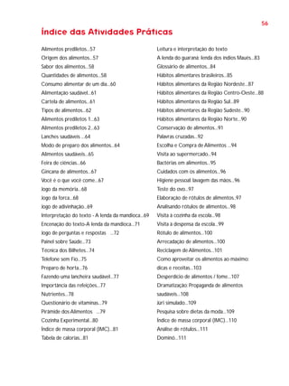 56

Índice das Atividades Práticas
Alimentos prediletos...57

Leitura e interpretação do texto

Origem dos alimentos...57

A lenda do guaraná: lenda dos índios Maués...83

Sabor dos alimentos...58

Glossário de alimentos...84

Quantidades de alimentos...58

Hábitos alimentares brasileiros...85

Consumo alimentar de um dia...60

Hábitos alimentares da Região Nordeste...87

Alimentação saudável...61

Hábitos alimentares da Região Centro-Oeste...88

Cartela de alimentos...61

Hábitos alimentares da Região Sul...89

Tipos de alimentos...62

Hábitos alimentares da Região Sudeste...90

Alimentos prediletos 1...63

Hábitos alimentares da Região Norte...90

Alimentos prediletos 2...63

Conservação de alimentos...91

Lanches saudáveis ...64

Palavras cruzadas...92

Modo de preparo dos alimentos...64

Escolha e Compra de Alimentos ...94

Alimentos saudáveis...65

Visita ao supermercado...94

Feira de ciências...66

Bactérias em alimentos...95

Gincana de alimentos...67

Cuidados com os alimentos...96

Você é o que você come...67

Higiene pessoal: lavagem das mãos...96

Jogo da memória...68

Teste do ovo...97

Jogo da forca...68

Elaboração de rótulos de alimentos..97

Jogo de adivinhação...69

Analisando rótulos de alimentos...98

Interpretação do texto - A lenda da mandioca...69

Visita à cozinha da escola...98

Encenação do texto-A lenda da mandioca...71

Visita à despensa da escola...99

Jogo de perguntas e respostas ...72

Rótulo de alimentos...100

Painel sobre Saúde...73

Arrecadação de alimentos...100

Técnica dos Bilhetes...74

Reciclagem de Alimentos...101

Telefone sem Fio...75

Como aproveitar os alimentos ao máximo:

Preparo de horta...76

dicas e receitas...103

Fazendo uma lancheira saudável...77

Desperdício de alimentos / fome...107

Importância das refeições...77

Dramatização: Propaganda de alimentos

Nutrientes...78

saudáveis...108

Questionário de vitaminas...79

Júri simulado...109

Pirâmide dos Alimentos ...79

Pesquisa sobre dietas da moda...109

Cozinha Experimental...80

Índice de massa corporal (IMC)...110

Índice de massa corporal (IMC)...81

Análise de rótulos...111

Tabela de calorias...81

Dominó...111

 
