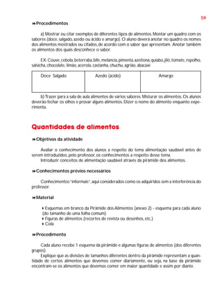 59
Procedimentos
a) Mostrar ou citar exemplos de diferentes tipos de alimentos. Montar um quadro com os
sabores (doce, salgado, azedo ou ácido e amargo). O aluno deverá anotar no quadro os nomes
dos alimentos mostrados ou citados, de acordo com o sabor que apresentam. Anotar também
os alimentos dos quais desconhece o sabor.
EX: Couve, cebola, beterraba, bife, melancia, pimenta, azeitona, quiabo, jiló, tomate, repolho,
salsicha, chocolate, limão, acerola, castanha, chuchu, agrião, abacaxi
Doce Salgado

Azedo (ácido)

Amargo

b) Trazer para a sala de aula alimentos de vários sabores. Misturar os alimentos. Os alunos
deverão fechar os olhos e provar alguns alimentos. Dizer o nome do alimento enquanto experimenta.

Quantidades de alimentos
Objetivos da atividade
Avaliar o conhecimento dos alunos a respeito do tema alimentação saudável antes de
serem introduzidos, pelo professor, os conhecimentos a respeito desse tema.
Introduzir conceitos de alimentação saudável através da pirâmide dos alimentos.
Conhecimentos prévios necessários
Conhecimentos “informais”, aqui considerados como os adquiridos sem a interferência do
professor.
Material
Esquemas em branco da Pirâmide dos Alimentos (anexo 2) - esquema para cada aluno
(do tamanho de uma folha comum)
Figuras de alimentos (recortes de revista ou desenhos, etc.)
Cola
Procedimento
Cada aluno recebe 1 esquema da pirâmide e algumas figuras de alimentos (dos diferentes
grupos).
Explique que as divisões de tamanhos diferentes dentro da pirâmide representam a quantidade de certos alimentos que devemos comer diariamente, ou seja, na base da pirâmide
encontram-se os alimentos que devemos comer em maior quantidade e assim por diante.

 