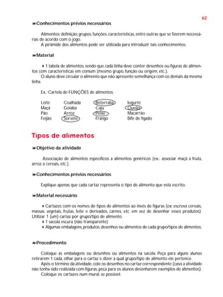 62
Conhecimentos prévios necessários
Alimentos: definição, grupos, funções, características, entre outras que se fizerem necessárias de acordo com o jogo.
A pirâmide dos alimentos pode ser utilizada para introduzir tais conhecimentos.
Material
1 tabela de alimentos, sendo que cada linha deve conter desenhos ou figuras de alimentos com características em comum (mesmo grupo, função ou origem, etc.).
O aluno deve circular o alimento que não apresente semelhança com os demais da mesma
linha.
Ex.: Cartela de FUNÇÕES de alimentos
Leite
Maçã
Pão
Feijão

Coalhada
Goiaba
Arroz
Sorvete

Beterraba
Caju
Peixe
Frango

Iogurte
Queijo
Macarrão
Bife de fígado

Tipos de alimentos
Objetivo da atividade
Associação de alimentos específicos a alimentos genéricos (ex.: associar maçã a fruta,
arroz a cereais, etc.).
Conhecimentos prévios necessários
Explique apenas que cada cartaz representa o tipo de alimento que está escrito.
Material necessário
Cartazes com os nomes de tipos de alimentos ao invés de figuras (ex: escreva cereais,
massas, vegetais, frutas, leite e derivados, carnes, etc. em vez de desenhar esses produtos).
Utilizar 1 (um) cartaz por grupo/tipo de alimento.
1 sacola escura (não transparente)
Algumas embalagens, produtos, desenhos ou alimentos de cada grupo/tipos de alimentos.

Procedimento
Coloque as embalagens ou desenhos ou alimentos na sacola. Peça para alguns alunos
retirarem 1 cada, olhar para o cartaz e dizer a qual grupo/tipo de alimento ele pertence.
Após o término da atividade, cole os desenhos no cartaz correspondente (caso a atividade
não tenha sido realizada com figuras, peça para os alunos desenharem exemplos de alimentos).
Coloque os cartazes num mural, se possível.

 