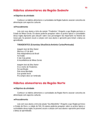 90

Hábitos alimentares da Região Sudeste
Objetivo da atividade
Conhecer os hábitos alimentares e curiosidades da Região Sudeste; associar conceitos de
alimentação com aspectos culturais.
Procedimento
Leia com seus alunos a letra da canção “Tiradentes”. Pergunte a que Região pertence o
Estado de Minas Gerais. Os alunos poderão pesquisar sobre os pratos típicos e curiosidades
dessa região. Aproveite para discutir sobre esse personagem tão importante na história do
nosso país. Se possível, escute a canção com seus alunos e aproveite para incluir a dança ao
aprendizado.
TIRADENTES (Estanislau Silva/Décio Antônio Carlos/Penteado)
Joaquim José da Silva Xavier
Morreu a 21 de abril
Pela independência do Brasil
Foi traído
E não traiu jamais
A inconfidência de Minas Gerais
Joaquim José da Silva Xavier
Era o nome de Tiradentes
Foi sacrificado
Pela nossa liberdade
Esse grande herói
Pra sempre deve ser lembrado

Hábitos alimentares da Região Norte
Objetivo da atividade
Conhecer os hábitos alimentares e curiosidades da Região Norte; associar conceitos de
alimentação com aspectos culturais.
Procedimento
Leia com seus alunos a letra da canção “Seu Manelinho”. Pergunte a que Região pertence
o Estado do Pará e a cidade de Tefé. Os alunos poderão pesquisar sobre os pratos típicos e
curiosidades dessa região. Se possível, escute a canção com seus alunos e aproveite para incluir
a dança ao aprendizado.

 