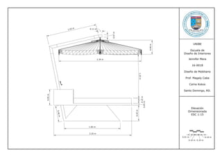 UNIBE
Escuela de
Diseño de Interiores
Jennifer Mera
16-0018
Diseño de Mobiliario
Prof. Magaly Caba
Cama Kokos
Santo Domingo, RD.
Elevación
Dimensionada
ESC 1:15
0.01 m
0.10 m 0.10 m
0.10 m
0.11 m1.43 m
0.07m
1.60 m
0.45m
0.05m
0.15m
0.46m
0.45m
2.20 m
1.25m
2.34 m
0.40m
 