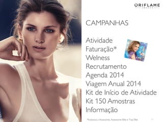CAMPANHAS
Atividade
Faturação*
Welness
Recrutamento
Agenda 2014
Viagem Anual 2014
Kit de Início de Atividade
Kit 150 Amostras
Informação
2013-12-19

*Exclusiva a Assessores, Assessores Elite e Top Elite

22

 