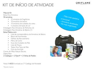 KIT DE INÍCIO DE ATIVIDADE
Mala do Kit
Bolsa Para Amostras
50 amostras:
• 25 amostras de fragrâncias
• 10 amostras de batons
• 10 amostras de cuidados do rosto
• 5 amostras de bases de cor
Embalagem Para Amostras de Perfumes (3)
Embalagem Para Amostras de Batons (1)
Bolsa Plástica com:
• Lista de correspondência de Amostras de Batons
• Bloco de Encomendas
• Folheto de Recrutamento
• Menu de Cores
• Guia dos Cuidados da Pele
• Lista de Preços
• Testes Para Tipos de Pele
• Ficha de Inscrição
Creme de Mãos Nature Secrets
Geleia Real
2 Catálogos + 2 Flyers* + 2 Folhas de Pedido

Nota: A AOO é enviada ao 3º Catálogo de Atividade
*Quando impresso

 