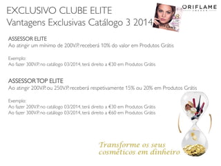 EXCLUSIVO CLUBE ELITE
Vantagens Exclusivas Catálogo 3 2014
ASSESSOR ELITE
Ao atingir um mínimo de 200V.P. receberá 10% do valor em Produtos Grátis
Exemplo:
Ao fazer 300V.P. no catálogo 03/2014, terá direito a €30 em Produtos Grátis

ASSESSOR TOP ELITE
Ao atingir 200V.P. ou 250V.P. receberá respetivamente 15% ou 20% em Produtos Grátis
Exemplo:
Ao fazer 200V.P. no catálogo 03/2014, terá direito a €30 em Produtos Grátis
Ao fazer 300V.P. no catálogo 03/2014, terá direito a €60 em Produtos Grátis

2014-02-03

Copyright ©2013 by Oriflame Cosmetics SA

27

 