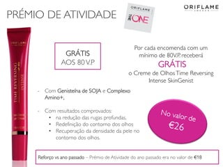 PRÉMIO DE ATIVIDADE
2014-03-17 Copyright ©2013 by Oriflame Cosmetics SA 23
Por cada encomenda com um
mínimo de 80V.P. receberá
GRÁTIS
o Creme de OlhosTime Reversing
Intense SkinGenist
GRÁTIS
AOS 80V.P.
- Com Genisteína de SOJA e Complexo
Amino+,
- Com resultados comprovados:
• na redução das rugas profundas,
• Redefinição do contorno dos olhos
• Recuperação da densidade da pele no
contorno dos olhos.
Reforço vs ano passado – Prémio de Atividade do ano passado era no valor de €18
 