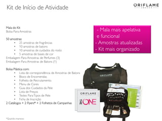 Mala do Kit
Bolsa Para Amostras
50 amostras:
• 25 amostras de fragrâncias
• 10 amostras de batons
• 10 amostras de cuidados do rosto
• 5 amostras de bases de cor
Embalagem Para Amostras de Perfumes (3)
Embalagem Para Amostras de Batons (1)
Bolsa Plástica com:
• Lista de correspondência de Amostras de Batons
• Bloco de Encomendas
• Folheto de Recrutamento
• Menu de Cores
• Guia dos Cuidados da Pele
• Lista de Preços
• Testes ParaTipos de Pele
• Ficha de Inscrição
2 Catálogos + 2 Flyers* + 2 Folhetos de Campanhas
*Quando impresso
- Mala mais apelativa
e funcional
- Amostras atualizadas
- Kit mais organizado
Kit de Início de Atividade
 