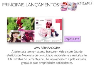 PRINCIPAIS LANÇAMENTOS
UVA REPARADORA
A pele seca tem um aspeto baço, sem vida e com falta de
elasticidade. Necessita de um cuidado antioxidante e revitalizante.
Os Extratos de Sementes de Uva rejuvenescem a pele cansada
graças às suas propriedades antioxidantes.
Pág. 118-119
 