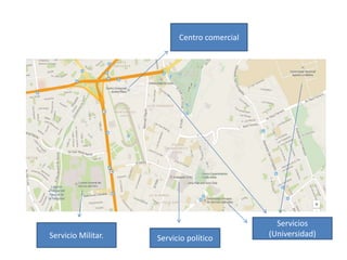 - Centro comercial 
Servicios 
Servicio Militar. (Universidad) Servicio político 
 