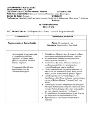 GOVERNO DO ESTADO DA BAHIA
SECRETARIA DA EDUCAÇÃO
COLÉGIO ESTADUAL PEDRO RIBEIRO PESSOA Ano Letivo: 2008
Área de conhecimento: Ciências da Natureza, Matemática e suas Tecnologias.
Campo do Saber: Biologia Unidade: III
Professores: Cláudia Regina T. de Souza, Antonio Geraldo da S. Sá Barreto e Vânia Marta P. Nogueira
Período:
PLANO DE UNIDADE
Série: 2º ano
EIXO TRANSVERSAL: Saúde pessoal e coletiva : o uso de drogas na escola
Competências Conteúdos Conceituais
Representação e Comunicação Tema: Diversidade da vida
Sub-tema: Organizando a diversidade
 Apresentar de forma organizada
o conhecimento biológico
aprendido através de textos,
gráficos, esquemas, desenhos,
tabelas, maquetes
 Expressar dúvidas, idéias e
conclusões acerca dos
fenômenos biológicos.
 Distinção dos diferentes tipos de seres vivos, bem
como suas principais características e exemplos.
 Reconhecimento da espécie como unidade de
classificação dos seres vivos.
 Diferenciação dos cinco Reinos da natureza de
acordo com os critérios pré-estabelecidos,
exemplificando-os e caracterizando-os.
 Conhecimento dos sete táxons que organizam os
seres vivos nas suas classificações: Reino, filo ou
divisão, classe, ordem, família, gênero e espécie.
 Identificação dos seres microbiológicos, suas
classificações, benefícios, prejuízos, características e
estruturas( Reinos Monera, Protista e Fungi e os
Vírus)
 Identificação, análise e interpretação das principais
patologias humanas causadas pelos seres dos Reinos
Monera, Protista, Fungi e pelos vírus, conhecendo o
seu ciclo e agente transmissor ( se houver).
 Reconhecimento dos vírus como um grupo de seres
que apresentam características específicas.
 Apresentação da classificação filogenética ou
cladística.
 