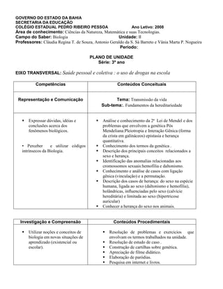 GOVERNO DO ESTADO DA BAHIA
SECRETARIA DA EDUCAÇÃO
COLÉGIO ESTADUAL PEDRO RIBEIRO PESSOA Ano Letivo: 2008
Área de conhecimento: Ciências da Natureza, Matemática e suas Tecnologias.
Campo do Saber: Biologia Unidade: II
Professores: Cláudia Regina T. de Souza, Antonio Geraldo da S. Sá Barreto e Vânia Marta P. Nogueira
Período:
PLANO DE UNIDADE
Série: 3º ano
EIXO TRANSVERSAL: Saúde pessoal e coletiva : o uso de drogas na escola
Competências Conteúdos Conceituais
Representação e Comunicação Tema: Transmissão da vida
Sub-tema:. Fundamentos da hereditariedade
 Expressar dúvidas, idéias e
conclusões acerca dos
fenômenos biológicos.
▪ Perceber e utilizar códigos
intrínsecos da Biologia.
 Análise e conhecimento da 2ª Lei de Mendel e dos
problemas que envolvem a genética Pós
Mendeliana:Pleiotropia e Interação Gênica (forma
da crista em galináceos) epistasia e herança
quantitativa.
 Conhecimento dos termos da genética .
 Descrição dos principais conceitos relacionados a
sexo e herança.
 Identificação das anomalias relacionadas aos
cromossomos sexuais:hemofilia e daltonismo.
 Conhecimento e análise de casos com ligação
gênica (vinculação) e a permutação.
 Descrição dos casos de herança: do sexo na espécie
humana, ligada ao sexo (daltonismo e hemofilia),
holândricas, influenciadas pelo sexo (calvície
hereditária) e limitada ao sexo (hipertricose
auricular)
 Conhecer a herança do sexo nos animais.
Investigação e Compreensão Conteúdos Procedimentais
 Utilizar noções e conceitos de
biologia em novas situações de
aprendizado (existencial ou
escolar).
 Resolução de problemas e exercicios que
envolvam os termos trabalhados na unidade.
 Resolução de estudo de caso .
 Construção de cartilhas sobre genética.
 Apreciação de filme didático.
 Elaboração de paródias.
 Pesquisa em internet e livros.
 