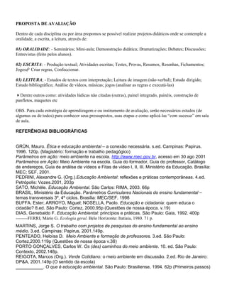 PROPOSTA DE AVALIAÇÃO
Dentro de cada disciplina ou por área propomos se possível realizar projetos didáticos onde se contemple a
oralidade, a escrita, a leitura, através de:
01) ORALIDADE: - Seminários; Mini-aula; Demonstração didática; Dramatizações; Debates; Discussões;
Entrevistas (feito pelos alunos).
02) ESCRITA: - Produção textual; Atividades escritas; Testes, Provas, Resumos, Resenhas, Fichamentos;
Jogos Criar regras, Confeccionar.
03) LEITURA; - Estudos de textos com interpretação; Leitura de imagem (não-verbal); Estudo dirigido;
Estudo bibliográfico; Análise de vídeos, músicas; jogos (analisar as regras e executá-las)
Dentre outros como: atividades lúdicas não citadas (outras), painel integrado, painéis, construção de
panfletos, maquetes etc
OBS. Para cada estratégia de aprendizagem e ou instrumento de avaliação, serão necessários estudos (de
algumas ou de todos) para conhecer seus pressupostos, suas etapas e como aplicá-las “com sucesso” em sala
de aula.
REFERÊNCIAS BIBLIOGRÁFICAS
GRÜN, Mauro. Ética e educação ambiental – a conexão necessária. s.ed. Campinas: Papirus.
1996. 120p. (Magistério: formação e trabalho pedagógico)
Parâmetros em ação: meio ambiente na escola. http://www.mec.gov.br, acesso em 30 ago 2001
Parâmetros em Ação: Meio Ambiente na escola. Guia do formador, Guia do professor, Catálogo
de endereços, Guia de análise de vídeos e Fitas de vídeo I, II, III. Ministério da Educação. Brasília:
MEC; SEF, 2001.
PEDRINI, Alexandre G. (Org.).Educação Ambiental: reflexões e práticas contemporâneas. 4.ed.
Petrópolis: Vozes.2001, 203p
SATO, Michèle. Educação Ambiental. São Carlos: RIMA, 2003. 66p
BRASIL, Ministério da Educação. Parâmetros Curriculares Nacionais do ensino fundamental –
temas transversais 3º, 4º ciclos. Brasília: MEC/SEF. 1998
BUFFA. Ester; ARROYO, Miguel; NOSELLA, Paolo. Educação e cidadania: quem educa o
cidadão? 8.ed. São Paulo: Cortez, 2000.95p (Questões de nossa época. v.19)
DIAS, Genebaldo F. Educação Ambiental: princípios e práticas. São Paulo: Gaia, 1992. 400p
--------FERRI, Mário G. Ecologia geral. Belo Horizonte: Itatiaia, 1980. 71 p.
MARTINS, Jorge S. O trabalho com projetos de pesquisas do ensino fundamental ao ensino
médio. 3.ed. Campinas: Papirus, 2001.149p.
PENTEADO, Heloísa D. Meio Ambiente e formação de professores. 3.ed. São Paulo:
Cortez,2000.119p (Questões de nossa época v.38)
PORTO GONÇALVES, Carlos W. Os (des) caminhos do meio ambiente. 10. ed. São Paulo:
Contexto, 2002.148p.
REIGOTA, Marcos (Org.). Verde Cotidiano: o meio ambiente em discussão. 2.ed. Rio de Janeiro:
DP&A, 2001.149p (O sentido da escola)
___________. O que é educação ambiental. São Paulo: Brasiliense, 1994. 62p (Primeiros passos)
 