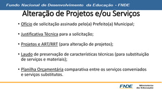 Alteração de Projetos e/ou Serviços 
• Ofício de solicitação assinado pelo(a) Prefeito(a) Municipal; 
• Justificativa Técnica para a solicitação; 
• Projetos e ART/RRT (para alteração de projetos); 
• Laudo de preservação de características técnicas (para substituição 
de serviços e materiais); 
• Planilha Orçamentária comparativa entre os serviços conveniados 
e serviços substitutos. 
 