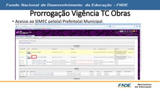 Prorrogação Vigência TC Obras 
• Acesso ao SIMEC pelo(a) Prefeito(a) Municipal. 
 