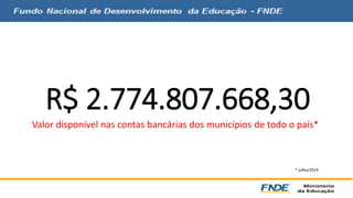R$ 2.774.807.668,30 
Valor disponível nas contas bancárias dos municípios de todo o país* 
* julho/2014 
 