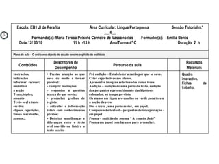 Quadro interactivo. Fichas de trabalho. Pré audição – Estabelecer a razão por que se ouve. Criar expectativas aos alunos. Apresentar imagens relacionadas com o tema. Audição – audição de uma parte do texto, audição das perguntas e preenchimento das hipóteses colocadas, no tempo previsto. Os alunos corrigem a vermelho ou verde para terem a noção do erro. Dar o texto , uma parte maior,  em papel. Compreensão textual – perguntas de interpretação – em papel Poema – audição do  poema “ A casa do João”  Poema em papel com lacunas para preencher. •  Prestar atenção ao que ouve de modo a tornar possível: - cumprir instruções; - responder a questões acerca do que ouviu; - preencher grelhas de registo; - articular a informação retida com conhecimentos prévios; •  Detectar semelhanças e diferenças entre o texto oral (ouvido ou lido) e o texto escrito  Instruções, indicações informar; recrear; mobilizar a acção Tema, tópico, assunto Texto oral e texto escrito: elipses, repetições, frases inacabadas, pausas... Recursos Materiais Percurso da aula Descritores de Desempenho Conteúdos Plano de aula – O oral como objecto de estudo- ensino explícito da oralidade Escola: EB1 JI de Perafita  Área Curricular: Língua Portuguesa  Sessão Tutorial n.º ___6__ Formando(a): Maria Teresa Peixoto Carneiro de Vasconcelos  Formador(a):  Emília Bento Data:12/ 03/10  11 h  -13 h  Ano/Turma:4º C  Duração  2  h  