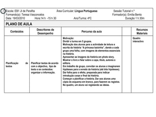 Quadro interactivo Motivação: Dividir a turma em 5 grupos. Motivação dos alunos para a actividade de leitura e escrita da história “A princesa baixinha”, dando a cada grupo uma folha, com imagens de elementos essenciais na história. Apresentar as imagens da história em photo story. Mostrar o livro e falar sobre a capa, título, autores e editora. Em trabalho de grupo, convidar os alunos a imaginarem hipóteses para o enredo da história (até três hipóteses). Dar folha para o efeito, preparada para indicar introdução corpo e final da história. Começar a planificar a história. Dar aos alunos uma cópia do esquema em branco, para fazerem os registos. No quadro, um aluno vai registando as ideias. Planificar textos de acordo com o objectivo,  tipo de texto e os conteúdos: organizar a informação. Planificação de textos  Recursos Materiais Percurso da aula Descritores de Desempenho Conteúdos PLANO DE AULA Escola: EB1 JI de Perafita  Área Curricular:  Língua Portuguesa   Sessão Tutorial n.º  Formando(a): Teresa Vasconcelos  Formador(a): Emília Bento Data: 19/03/2010  Hora:14 h  -15 h 30  Ano/Turma: 4ºC  Duração 1 h 30m 