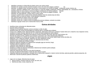 













Identificar a primeira e a última letra do próprio nome e em outros nomes.
Identificar em revistas e jornais as letras do próprio nome e de nome dos colegas e professores.
Identificar, no alfabeto móvel, as letras que formam o nome próprio e os nomes de colegas, professores, escola, diretora, etc.
Construir, utilizando o alfabeto novel, o nome próprio e o nome de colegas, professores, diretora, especialistas, etc., consultando o fichário.
Identificar letras do nome próprio e nomes de colegas e professores em diversos gêneros
textuais.
Identificar a letra ou letras que faltam no próprio nome e nos nomes de colegas e professo res.
Identificar, em caça-palavras, o próprio nome e outros nomes.
Construir o próprio nome e outros nomes utilizando alfabeto móvel de variados tipos de letras.
Identificar entre os nomes do fichário, nomes grandes e pequenos.
Dar nomes às letras do próprio nome e dos colegas.
Identificar nomes com o mesmo número de letras.
Identificar nomes com o mesmo número de pedacinhos sonoros (sílabas), contando nos dedos.
Identificar e agrupar nomes com a mesma letra inicial ou final.

Outras atividades























Identificar letras conhecidas em diferentes textos.
Escrever letras conhecidas
Participar de brincadeiras utilizando contorno de letras no chão do pátio.
Identificar letras dos nomes de personagens de histórias lidas ou contadas pelo professor.
Formar com o alfabeto móvel, palavras grandes e pequenas, observando a ficha que o professor mostrar (ficha com o desenho e seu respectivo nome).
Identificar em textos diversos, palavras com um número de letras estabelecido pelo professor.
Identificar semelhanças e diferenças entre palavras (número de letras, letra inicial, letra final, tipo de letras, etc).
Recortar de revista e jornais, palavras que começam ou terminam com a letra indicada pela professora.
Agrupar embalagens e ou rótulos que começam com determinada letra, que tenham determinado número de letras, etc.
Relacionar, com a ajuda do professor, desenhos com seus respectivos nomes.
Identificar letra e ou palavras iguais, escritas com diferentes tipos de letras.
Identificar letras ditadas pelo professor (bingo)
Relacionar palavras ilustradas com palavras sem ilustração (jogo da memória, bingo)
Identificar palavras repetidas em textos.
Identificar letras repetidas em palavras.
Identificar nomes diversos em caça-palavras.
Identificar as sílabas de palavras conhecidas e relaciona-las montando quebra-cabeças.
Confeccionar a caixa de palavras.
Selecionar palavras para colocar em sua caixa de palavras.
Escrever as palavras selecionadas e ilustra-las para colocar na caixa.
Classificar palavras que se parecem: começam com a mesma letra, possuem o mesmo número de letras, palavras grandes, palavras pequenas, etc.
Memorizar a escrita de palavras (palavras referências)

Jogos
 Jogar com os colegas, diferentes tipos de jogos:
Bingo de letras, de letras iniciais de nomes, de nome, etc.
Memória de letras, nomes, desenhos, etc.

 