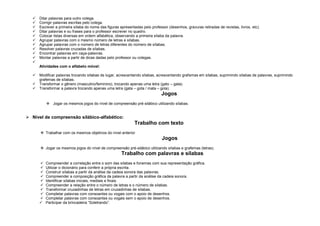 











Ditar palavras para outro colega.
Corrigir palavras escritas pelo colega.
Escrever a primeira sílaba do nome das figuras apresentadas pelo professor (desenhos, gravuras retiradas de revistas, livros, etc).
Ditar palavras e ou frases para o professor escrever no quadro.
Colocar listas diversas em ordem alfabética, observando a primeira sílaba da palavra.
Agrupar palavras com o mesmo número de letras e sílabas.
Agrupar palavras com o número de letras diferentes do número de sílabas.
Resolver palavras cruzadas de sílabas.
Encontrar palavras em caça-palavras.
Montar palavras a partir de dicas dadas pelo professor ou colegas.
Atividades com o alfabeto móvel:





Modificar palavras trocando sílabas de lugar, acrescentando sílabas, acrescentando grafemas em sílabas, suprimindo sílabas de palavras, suprimindo
grafemas de sílabas.
Transformar o gênero (masculino/feminino), trocando apenas uma letra (gato – gata).
Transformar a palavra trocando apenas uma letra (gata – gota / mata – gola).

Jogos
 Jogar os mesmos jogos do nível de compreensão pré-silábico utilizando sílabas.

 Nível de compreensão silábico-alfabético:

Trabalho com texto
 Trabalhar com os mesmos objetivos do nível anterior

Jogos
 Jogar os mesmos jogos do nível de compreensão pré-silábico utilizando sílabas e grafemas (letras).

Trabalho com palavras e sílabas











Compreender a correlação entre o som das sílabas e fonemas com sua representação gráfica.
Utilizar o dicionário para conferir a própria escrita.
Construir sílabas a partir da análise da cadeia sonora das palavras.
Compreender a composição gráfica da palavra a partir da análise da cadeia sonora.
Identificar sílabas iniciais, mediais e finais.
Compreender a relação entre o número de letras e o número de sílabas.
Transformar cruzadinhas de letras em cruzadinhas de sílabas.
Completar palavras com consoantes ou vogais com o apoio de desenhos.
Completar palavras com consoantes ou vogais sem o apoio de desenhos.
Participar da brincadeira “Soletrando”.

 