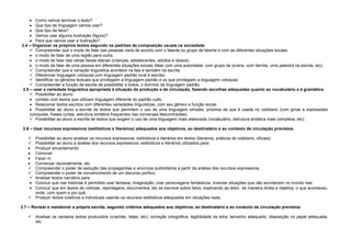Como vamos terminar o texto?
Que tipo de linguagem vamos usar?
Que tipo de letra?
Vamos usar alguma ilustração (figura)?
Para que vamos usar a ilustração?
2.4 – Organizar os próprios textos segundo os padrões de composição usuais na sociedade.
 Compreender que o modo de falar das pessoas varia de acordo com o falante ou grupo de falante e com as diferentes situações sociais:
o modo de falar de uma região para outra,
o modo de falar das várias faixas etárias (crianças, adolescentes, adultos e idosos)
o modo de falar de uma pessoa em diferentes situações sociais (falar com uma autoridade, com grupo de jovens, com família, uma palestra na escola, etc).
 Compreender que a variação linguística acontece na fala e também na escrita.
 Diferenciar linguagem coloquial com linguagem padrão (oral e escrita)
 Identificar os gêneros textuais que privilegiam a linguagem padrão e os que privilegiam a linguagem coloquial.
 Compreender a função da escola de possibilitar a todos, o domínio da linguagem padrão.
2.5 – usar a variedade linguística apropriada à situação de produção e de circulação, fazendo escolhas adequadas quanto ao vocabulário e à gramática.
 Possibilitar ao aluno:
contato com textos que utilizam linguagem diferente do padrão culto.
Relacionar textos escritos com diferentes variedades linguísticas, com seu gênero e função social.
Possibilitar ao aluno a escrita de textos que permitem o uso de uma linguagem simples, próxima da que é usada no cotidiano (com gírias e expressões
coloquiais, frases curtas, estrutura sintática frequentes nas conversas descontraídas).
 Possibilitar ao aluno a escrita de textos que exigem o uso de uma linguagem mais elaborada (vocabulário, estrutura sintática mais complexa, etc).
2.6 – Usar recursos expressivos (estilísticos e literários) adequados aos objetivos, ao destinatário e ao contexto de circulação previstos.
 Possibilitar ao aluno analisar os recursos expressivos, estilísticos e literários em textos (literários, práticos do cotidiano, oficiais)
 Possibilitar ao aluno a análise dos recursos expressivos, estilísticos e literários utilizados para:
Produzir encantamento
Comover
Fazer rir
Conversar racionalmente, etc.
 Compreender o poder de sedução das propagandas e anúncios publicitários a partir da análise dos recursos expressivos.
 Compreender o poder de convencimento de um discurso político.
 Analisar textos narrativo para:
Concluir que nas histórias é permitido usar fantasia, imaginação, criar personagens fantásticos, inventar situações que não acontecem no mundo real.
Concluir que em textos de notícias, reportagens, documentos, etc se escreve sobre fatos, explicando ao leitor, de maneira direta e objetiva, o que aconteceu,
onde, com quem e por quê.
 Produzir textos coletivos e individuais usando os recursos estilísticos adequados em situações reais.
2.7 – Revisar e reelaborar a própria escrita, segundo critérios adequados aos objetivos, ao destinatário e ao contexto de circulação previstos
 Analisar os variados textos produzidos (crachás, listas, etc): correção ortográfica, legibilidade da letra, tamanho adequado, disposição no papel adequada,
etc.

 