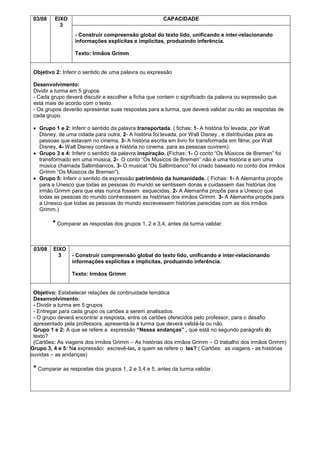 03/08

EIXO
3

CAPACIDADE
- Construir compreensão global do texto lido, unificando e inter-relacionando
informações explícitas e implícitas, produzindo inferência.
Texto: Irmãos Grimm

Objetivo 2: Inferir o sentido de uma palavra ou expressão
Desenvolvimento:
Dividir a turma em 5 grupos
- Cada grupo deverá discutir e escolher a ficha que contem o significado da palavra ou expressão que
está mais de acordo com o texto.
- Os grupos deverão apresentar suas respostas para a turma, que deverá validar ou não as respostas de
cada grupo.
Grupo 1 e 2: Inferir o sentido da palavra transportada. ( fichas: 1- A história foi levada, por Walt
Disney, de uma cidade para outra, 2- A história foi levada, por Walt Disney , e distribuídas para as
pessoas que estavam no cinema, 3- A história escrita em livro foi transformada em filme, por Walt
Disney, 4- Walt Disney contava a história no cinema, para as pessoas ouvirem).
Grupo 3 e 4: Inferir o sentido da palavra inspiração. (Fichas: 1- O conto “Os Músicos de Bremen” foi
transformado em uma música, 2- O conto “Os Músicos de Bremen” não é uma história e sim uma
música chamada Saltimbancos, 3- O musical “Os Saltimbanco” foi criado baseado no conto dos irmãos
Grimm “Os Músicos de Bremen”).
Grupo 5: Inferir o sentido da expressão patrimônio da humanidade. ( Fichas: 1- A Alemanha propôs
para a Unesco que todas as pessoas do mundo se sentissem donas e cuidassem das histórias dos
irmão Grimm para que elas nunca fossem esquecidas. 2- A Alemanha propôs para a Unesco que
todas as pessoas do mundo conhecessem as histórias dos irmãos Grimm. 3- A Alemanha propôs para
a Unesco que todas as pessoas do mundo escrevessem histórias parecidas com as dos irmãos
Grimm.)

* Comparar as respostas dos grupos 1, 2 e 3,4, antes da turma validar.

03/08

EIXO
3

- Construir compreensão global do texto lido, unificando e inter-relacionando
informações explícitas e implícitas, produzindo inferência.
Texto: Irmãos Grimm

Objetivo: Estabelecer relações de continuidade temática
Desenvolvimento:
- Dividir a turma em 5 grupos
- Entregar para cada grupo os cartões a serem analisados.
- O grupo deverá encontrar a resposta, entre os cartões oferecidos pelo professor, para o desafio
apresentado pela professora, apresentá-la à turma que deverá validá-la ou não.
Grupo 1 e 2: A que se refere a expressão “Nessa andanças” , que está no segundo parágrafo do
texto?
(Cartões: As viagens dos irmãos Grimm – As histórias dos irmãos Grimm – O trabalho dos irmãos Grimm)
Grupo 3, 4 e 5: Na expressão: escrevê-las, a quem se refere o las? ( Cartões: as viagens - as histórias
ouvidas – as andanças)

* Comparar as respostas dos grupos 1, 2 e 3,4 e 5, antes da turma validar.

 