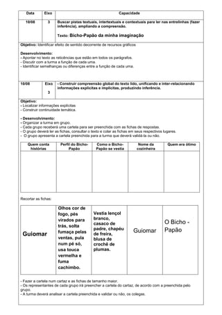 Data

Eixo

Capacidade

10/08

3

Buscar pistas textuais, intertextuais e contextuais para ler nas entrelinhas (fazer
inferência), ampliando a compreensão.
Texto: Bicho-Papão

da minha imaginação

Objetivo: Identificar efeito de sentido decorrente de recursos gráficos
Desenvolvimento:
- Apontar no texto as reticências que estão em todos os parágrafos.
- Discutir com a turma a função de cada uma.
- Identificar semelhanças ou diferenças entre a função de cada uma.

10/08

Eixo

- Construir compreensão global do texto lido, unificando e inter-relacionando
informações explícitas e implícitas, produzindo inferência.

3
Objetivo:
- Localizar informações explícitas
- Construir continuidade temática.
- Desenvolvimento:
- Organizar a turma em grupo.
- Cada grupo receberá uma cartela para ser preenchida com as fichas de respostas.
- O grupo deverá ler as fichas, consultar o texto e colar as fichas em seus respectivos lugares.
- O grupo apresenta a cartela preenchida para a turma que deverá validá-la ou não.
Quem conta
histórias

Perfil do BichoPapão

Como o BichoPapão se vestia

Nome da
cozinheira

Quem era ótimo

Recortar as fichas:

Guiomar

Olhos cor de
fogo, pés
virados para
trás, solta
fumaça pelas
ventas, pula
num pé só,
usa touca
vermelha e
fuma
cachimbo.

Vestia lençol
branco,
casaco de
padre, chapéu
de freira,
blusa de
crochê de
plumas.

Guiomar

O Bicho Papão

- Fazer a cartela num cartaz e as fichas de tamanho maior.
- Os representantes de cada grupo irá preencher a cartela do cartaz, de acordo com a preenchida pelo
grupo.
- A turma deverá analisar a cartela preenchida e validar ou não, os colegas.

 