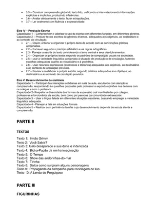 3.5 – Construir compreensão global do texto lido, unificando e inter-relacionando informações
explícitas e implícitas, produzindo inferências.
3.6 – Avaliar afetivamente o texto, fazer extrapolações.
3.7 – Ler oralmente com fluência e expressividade
Eixo IV – Produção Escrita
Capacidade 1 – Compreender e valorizar o uso da escrita com diferentes funções, em diferentes gêneros.
Capacidade 2 – Produzir textos escritos de gêneros diversos, adequados aos objetivos, ao destinatário e
ao contexto de circulação.
2.1 – Dispor, ordenar e organizar o próprio texto de acordo com as convenções gráficas
apropriadas.
2.2 – Escrever segundo o princípio alfabético e as regras ortográficas.
2.3 - Planejar a escrita do texto considerando o tema central e seus desdobramentos.
2.4 – Organizar os próprios textos segundo os padrões de composição usuais na sociedade.
2.5 – usar a variedade linguística apropriada à situação de produção e de circulação, fazendo
escolhas adequadas quanto ao vocabulário e à gramática.
2.6 – Usar recursos expressivos (estilísticos e literários) adequados aos objetivos, ao destinatário
e ao contexto de circulação previstos.
2.7 – Revisar e reelaborar a própria escrita, segundo critérios adequados aos objetivos, ao
destinatário e ao contexto de circulação previstos
Eixo V: Desenvolvimento da oralidade
Capacidade 1 – Participar das interações cotidianas em sala de aula, escutando com atenção e
compreensão, respondendo às questões propostas pelo professor e expondo opiniões nos debates com
os colegas e com o professor.
Capacidade 2- Respeitar a diversidade das formas de expressão oral manifestadas por colegas,
professores e funcionários da escola, bem como por pessoas da comunidade extraescolar.
Capacidade 3 – Usar a língua falada em diferentes situações escolares, buscando empregar a variedade
linguística adequada.
Capacidade 4 - Planejar a fala em situações formais
Capacidade 5 – Realizar com pertinência tarefas cujo desenvolvimento dependa de escuta atenta e
compreensão

PARTE II
TEXTOS
Texto 1: Irmão Grimm
Texto 2: Você Sabia?
Texto 3: Galo desaparece e sua dona é indenizada
Texto 4: Bicho-Papão da minha imaginação
Texto 5: O Tempo
Texto 6: Show das andorinhas-do-mar
Texto 7: Tirinha
Texto 8: Saiba como surgiram alguns personagens
Texto 9: Propaganda da campanha para reciclagem do lixo
Texto 10: A Lenda do Preguiçoso

PARTE III
FIGURINHAS

 