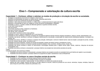 PARTE I

Eixo I – Compreensão e valorização da cultura escrita
Capacidade 1 – Conhecer, utilizar e valorizar os modos de produção e circulação da escrita na sociedade.







Investigar as experiências dos alunos em relação à cultura escrita.
Identificar as possibilidades de acesso ao material escrito, oferecidos pela família.
Identificar os usos que a família faz da escrita na sociedade
Identificar o valor social da escrita na família, e o reflexo disso, no desenvolvimento do gosto pela leitura.
Identificar a compreensão do aluno em relação ao mundo da escrita (manifestações e utilidades).
Possibilitar, ao aluno, o contato e análise de diferentes gêneros e suportes de textos escritos.
O que dizem esses escritos
Para que servem
Como foram escritos (à mão, à máquina ou impressos).
Que tipos de letras foram utilizados
Têm figuras, fotos, ilustrações.
O texto contém números ou outros sinais gráficos
 Possibilitar, ao aluno, vivência e experiência com o uso da escrita.
 Possibilitar ao aluno identificar e conhecer os espaços de circulação de gêneros textuais diversos (espaços domésticos, urbanos, escolar, especializados, etc).
 Possibilitar, aos alunos, identificar e conhecer os espaços institucionais de manutenção e preservação de material escrito (bibliotecas estaduais, municipais e de
escolas, etc).
 Possibilitar aos alunos, identificar e conhecer os espaços de produção, distribuição e venda de material escrito, locais de edição e produção de jornais, revistas,
livros, etc; livrarias, bancas, venda, via internet, etc).
 Possibilitar aos alunos identificar, conhecer as formas de aquisição e acesso aos textos (compra, empréstimos e troca)
 Possibilitar aos alunos conhecer os diversos suportes da escrita (cartazes, livros, out-doors, revistas, jornais, murais, etc).
 Possibilitar aos alunos conhecer e utilizar os instrumentos e tecnologias utilizados para o registro escrito (lápis, caneta, cadernos, máquinas de escrever,
computadores, etc).
 Possibilitar aos alunos conhecer e compreender o processo histórico da evolução dos instrumentos escolares da escrita.
Projeto:
Evolução da escrita: das cavernas ao Tablete.
 Possibilitar aos alunos conhecer e compreender o processo histórico da evolução da escrita na sociedade (forma pré-histórica de registro e sua evolução).
 Possibilitar aos alunos conhecer o processo histórico do surgimento do papel, impressoras e suas consequências.

Capacidade 2 – Conhecer os usos e funções sociais da escrita.





Possibilitar ao aluno identificar as diversas práticas sociais de escrita e leitura.
Possibilitar aos alunos identificar as variadas funções da escrita na sociedade.
Possibilitar ao aluno perceber “coisas escritas” na vida cotidiana e os vários usos sociais da escrita
(placas nas ruas e praças, letreiros de ônibus e de lojas, placas de veículos, rótulos de produtos de uso comum: alimentos, limpeza, remédios, frases de
para-choque de caminhões, cartazes de publicidade, etc.).

 