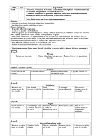 Data
28/08

Eixo
3

Capacidade
- Antecipar conteúdos de textos a serem lidos em função do reconhecimento de
seu suporte, seu gênero e sua contextualização.
- Construir compreensão global do texto lido, unificando e inter-relacionando
informações explícitas e implícitas, produzindo inferência.

Texto: Saiba como surgiram alguns personagens
Objetivo:
- Antecipar o conteúdo do texto a pela análise de seu título.
- Identificar informações explícitas no texto.
Desenvolvimento:
- Organizar a turma em grupos.
- Escrever no quadro o título do texto.
- Pedir aos grupos que levantem hipóteses sobre o conteúdo do texto que será lido e escreve-las em uma
folha à parte, identificada com o número correspondente ao grupo.
- Brincadeira: Passo o fio – O representante de um grupo lê uma parte do texto e diz: “Passo o fio” e o
representante do grupo indicado lê outra parte. Proceder dessa forma até terminar a leitura do texto todo.
O representante do grupo que não foi indicado fará a leitura do texto todo.
- Após a leitura, confirmar ou não as hipóteses de cada grupo.
- Analisar a pertinência das hipóteses não confirmadas.
- Desafio aos grupos: Cada grupo deverá completar o quadro relativo à parte do texto que deverá
analisar:
Grupo 1:
Mônica
Coisas que ela odeia
Objeto utilizado por ela, para se Suas melhores três qualidades
defender

Grupo 2: Complete o quadro:
O ano em que ele
nasceu

Como ele nasceu

Cascão
Nome do personagem
de quem é amigo

O que ele sempre faz

Grupo 3:
Nome de seu
criador e ano de
sua criação

Ano de sua
primeira revistinha

Cebolinha
Suas
características

Semelhanças com
a filha de Maurício
de Souza

Magali
Diferença entre ela
e a filha de
Maurício de Souza

O que está
sempre fazendo

Seu amigo e
companheiro de
confusão

Nome de seu gato

Ano de sua
criação e ano de
sua primeira
revistinha

Grupo 4:
Quem inspirou a
sua criação

Grupo 5:
Nome do jornal de
onde foi retirado

Cidade onde foi
editado

Informações sobre o texto
Número da edição Data da edição
do jornal
do jornal

Página do jornal de
onde foi retirado

 