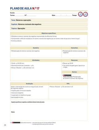 Escola: ______________________________________________________________________________________________________________________________________________________________________
Turma: _________________________ N.O
: ________________________ Data: _____________/_____________/_____________ Tempo:
20
PLANO DE AULA N.O
17
Tema: Números e operações
Capítulo: Números racionais não negativos
Tópicos: Operações
Aspetos positivos e aspetos a melhorar decorrentes da aula:
Notas:
Objetivos específicos:
• Multiplicar números racionais não negativos representados de diferentes formas
• Compreender o efeito de multiplicar um número racional não negativo por um número maior do que zero e menor do que 1
• Estimar produtos
Avaliação: TPC:
Avaliar a intervenção dos alunos ao longo da aula, através
dos seguintes registos:
• respeito pelas normas de trabalho;
• interesse e empenho;
• cooperação no trabalho em grupo;
• participação na aula.
• Pensar e Resolver – p. 65, exercícios 4 a 6
Sumário: Conceitos:
• Multiplicação de números racionais não negativos • Multiplicação de números racionais não
negativos
Atividades: Recursos:
• Tarefa – p. 64 (20 min.)
• Desenvolvimento dos conteúdos – p. 64
• Pensar e Resolver – p. 65, exercícios 1 a 3
• Manual, pp. 64-65
• Três folhas de papel iguais, lápis de cor
e régua
Outros:
•
Teste interativo: Multiplicação
de números racionais não negativos
Em pode ainda encontrar: • este plano de aula em formato editável (Word);
• a preparação desta aula pronta a executar.
 