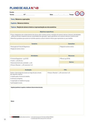 Escola: ______________________________________________________________________________________________________________________________________________________________________
Turma: _________________________ N.O
: ________________________ Data: _____________/_____________/_____________ Tempo:
52
PLANO DE AULA N.O
49
Tema: Números e operações
Capítulo: Números inteiros
Tópicos: Noção de número inteiro e representação na reta numérica
Em pode ainda encontrar: • este plano de aula em formato editável (Word);
• a preparação desta aula pronta a executar.
Aspetos positivos e aspetos a melhorar decorrentes da aula:
Notas:
Objetivos específicos:
• Fazer o diagnóstico dos conhecimentos dos alunos sobre: números primos, múltiplos de números naturais, divisores, divisibilidade,
potências de base e expoente naturais, propriedades das operações, regras operatórias com números naturais e simetria axial
• Identificar grandezas que variam em sentidos opostos e utilizar números inteiros para representar as suas medidas
Avaliação: TPC:
Avaliar a intervenção dos alunos ao longo da aula, através
dos seguintes registos:
• respeito pelas normas de trabalho;
• interesse e empenho;
• cooperação no trabalho em grupo;
• participação na aula.
• Pensar e Resolver – p. 65, exercícios 4 a 6
Sumário: Conceitos:
• Resolução da Ficha de Diagnóstico
• Noção de número inteiro
• Noção de número inteiro
Atividades: Recursos:
• Ficha de Diagnóstico – pp. 62-63
• Tarefa – p. 64 (10 min.)
• Desenvolvimento dos conteúdos – p. 64
• Pensar e Resolver – p. 65, exercícios 1 a 3
• Manual, pp. 62-65
Outros:
 