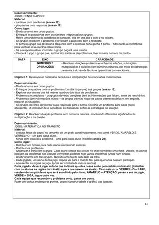 Desenvolvimento:
JOGO: PENSE RÁPIDO!
Material:
- cartazes com problemas (anexo 17).
- plaquinhas com respostas (anexo 18).
Como jogar:
- Divida a turma em cinco grupos.
- Entregue as plaquinhas com os números (respostas) aos grupos.
- Retire um problema da coletânea de cartazes, leia em voz alta e cole-o no quadro.
- Os grupos resolvem o problema e levantam a plaquinha com a resposta.
- O primeiro grupo que levantar a plaquinha com a resposta certa ganha 1 ponto. Todos farão a conferência
para verificar se a escolha está correta.
- Se a resposta estiver incorreta, o grupo pagará uma prenda.
- Vencerá o jogo o grupo que, ao final dos cartazes de problemas, tiver o maior número de pontos.

  DATA               EIXO                                          CAPACIDADE
                  NÚMEROS E           - Resolver situações-problema envolvendo adições, subtrações,
                  OPERAÇÕES           multiplicações e divisões com números naturais, por meio de estratégias
                                      pessoais e do uso de técnicas operatórias convencionais.

Objetivo 1: Desenvolver habilidade de leitura e interpretação de enunciados matemáticos.

Desenvolvimento:
- Divida a turma em cinco grupos.
- Entregue os quadros com os problemas (Um dia no parque) aos grupos (anexo 19).
- Explique aos alunos que há nesses quadros dois tipos de problemas:
. Problemas incompletos – os grupos deverão completar com as informações que faltam, antes de resolvê-los.
. Problemas com informações inúteis – os grupos deverão riscar os dados desnecessários e, em seguida,
resolver as situações.
- Os grupos deverão apresentar suas respostas para a turma. Escolha um problema para cada grupo
apresentar. O professor deve coordenar as discussões sobre as estratégias de solução.

Objetivo 2: Resolver situação problema com números naturais, envolvendo diferentes significados da
multiplicação e da divisão.

Desenvolvimento:
JOGO: MATEMÁTICA NO TRÂNSITO
Material:
- círculos feitos de papel, no tamanho de um prato aproximadamente, nas cores VERDE, AMARELO E
VERMELHO – um para cada aluno.
- fichas com situações-problema – uma para cada aluno (modelos anexo 20).
Como jogar:
- Distribuir um círculo para cada aluno intercalando as cores;
- Distribuir os problemas;
- Organizar a trilha com o grupo. Cada aluno coloca seu círculo no chão formando uma trilha. Depois, os alunos
colocam os problemas nos círculos vermelhos podendo ficar vários problemas juntos num círculo;
- Dividir a turma em dois grupos, fazendo uma fila de cada lado da trilha.
- Cada jogada, um aluno da fila joga, depois vai para o final da fila, para que todos possam participar.
- Apresentar as regras do jogo. (pode ser combinada com os alunos)
Cada jogador deverá jogar o dado que indicará quantas casas serão percorridas no trânsito (trabalhar
com os alunos as regras de trânsito e para que servem os sinais). Caso saia a cor VERMELHO – PARE,
resolvendo um problema que será escolhido pelo aluno; AMARELO – ATENÇÃO, passe a vez de jogar;
VERDE – SIGA, jogue outra vez.
Cada equipe que responder o problema certo, ganha um ponto.
Fazer um cartaz anotando os pontos, depois construir tabela e gráfico das jogadas.




                                                                                                            11
 