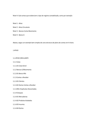 Nível 4: Sub-contas que evidenciem o tipo de registro contabilizado, como por exemplo:



Nível 1 - Ativo

Nível 2 - Ativo Circulante

Nível 3 - Bancos Conta Movimento

Nível 4 - Banco A



Abaixo, segue um exemplo bem simples de uma estrutura de plano de contas em 4 níveis:



1 ATIVO



1.1 ATIVO CIRCULANTE

1.1.1 Caixa

1.1.1.01 Caixa Geral

1.1.2 Bancos C/Movimento

1.1.2.01 Banco Alfa

1.1.3 Contas a Receber

1.1.3.01 Clientes

1.1.3.02 Outras Contas a Receber

1.1.3.09(-) Duplicatas Descontadas

1.1.4 Estoques

1.1.4.01 Mercadorias

1.1.4.02 Produtos Acabados

1.1.4.03 Insumos

1.1.4.04 Outros
 