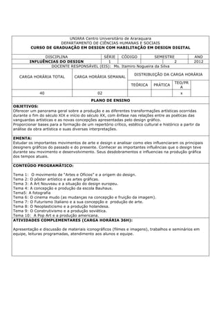 UNIARA Centro Universitário de Araraquara
DEPARTAMENTO DE CIÊNCIAS HUMANAS E SOCIAIS
CURSO DE GRADUAÇÃO EM DESIGN COM HABILITAÇÃO EM DESIGN DIGITAL
DISCIPLINA SÉRIE CÓDIGO SEMESTRE ANO
INFLUÊNCIAS DO DESIGN 1 2 2012
DOCENTE RESPONSÁVEL (EIS): Ms. Itamiro Nogueira da Silva
CARGA HORÁRIA TOTAL CARGA HORÁRIA SEMANAL
DISTRIBUIÇÃO DA CARGA HORÁRIA
TEÓRICA PRÁTICA
TEO/PR
A
40 02 x
PLANO DE ENSINO
OBJETIVOS:
Oferecer um panorama geral sobre a produção e as diferentes transformações artísticas ocorridas
durante o fim do século XIX e início do século XX, com ênfase nas relações entre as poéticas das
vanguardas artísticas e as novas concepções apresentadas pelo design gráfico.
Proporcionar bases para a formação de um repertório crítico, estético cultural e histórico a partir da
análise da obra artística e suas diversas interpretações.
EMENTA:
Estudar os importantes movimentos de arte e design e analisar como eles influenciaram os principais
designers gráficos do passado e do presente. Conhecer as importantes influências que o design teve
durante seu movimento e desenvolvimento. Seus desdobramentos e influencias na produção gráfica
dos tempos atuais.
CONTEÚDO PROGRAMÁTICO:
Tema 1: O movimento de “Artes e Ofícios” e a origem do design.
Tema 2: O pôster artístico e as artes gráficas.
Tema 3: A Art Nouveau e a situação do design europeu.
Tema 4: A concepção e produção da escola Bauhaus.
Tema5: A fotografia
Tema 6: O cinema mudo (as mudanças na concepção e fruição da imagem).
Tema 7: O Futurismo Italiano e a sua concepção e produção de arte.
Tema 8: O Neoplasticismo e a produção holandesa.
Tema 9: O Construtivismo e a produção soviética.
Tema 10: A Pop Art e a produção americana.
ATIVIDADES COMPLEMENTARES (CARGA HORÁRIA 36H):
Apresentação e discussão de materiais iconográficos (filmes e imagens), trabalhos e seminários em
equipe, leituras programadas, atendimento aos alunos e equipe.
 